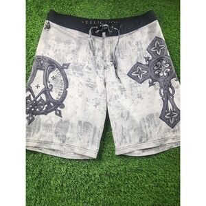 Affliction Board Shorts Mens 38 Gray Gothic Cross Skull Print Surf Quick Dry
